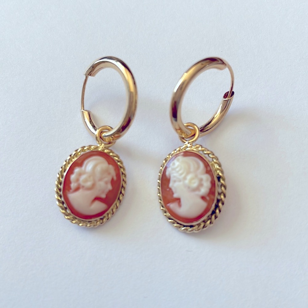 18k Natural Cameo Hoop Earrings Handcrafted in Italy